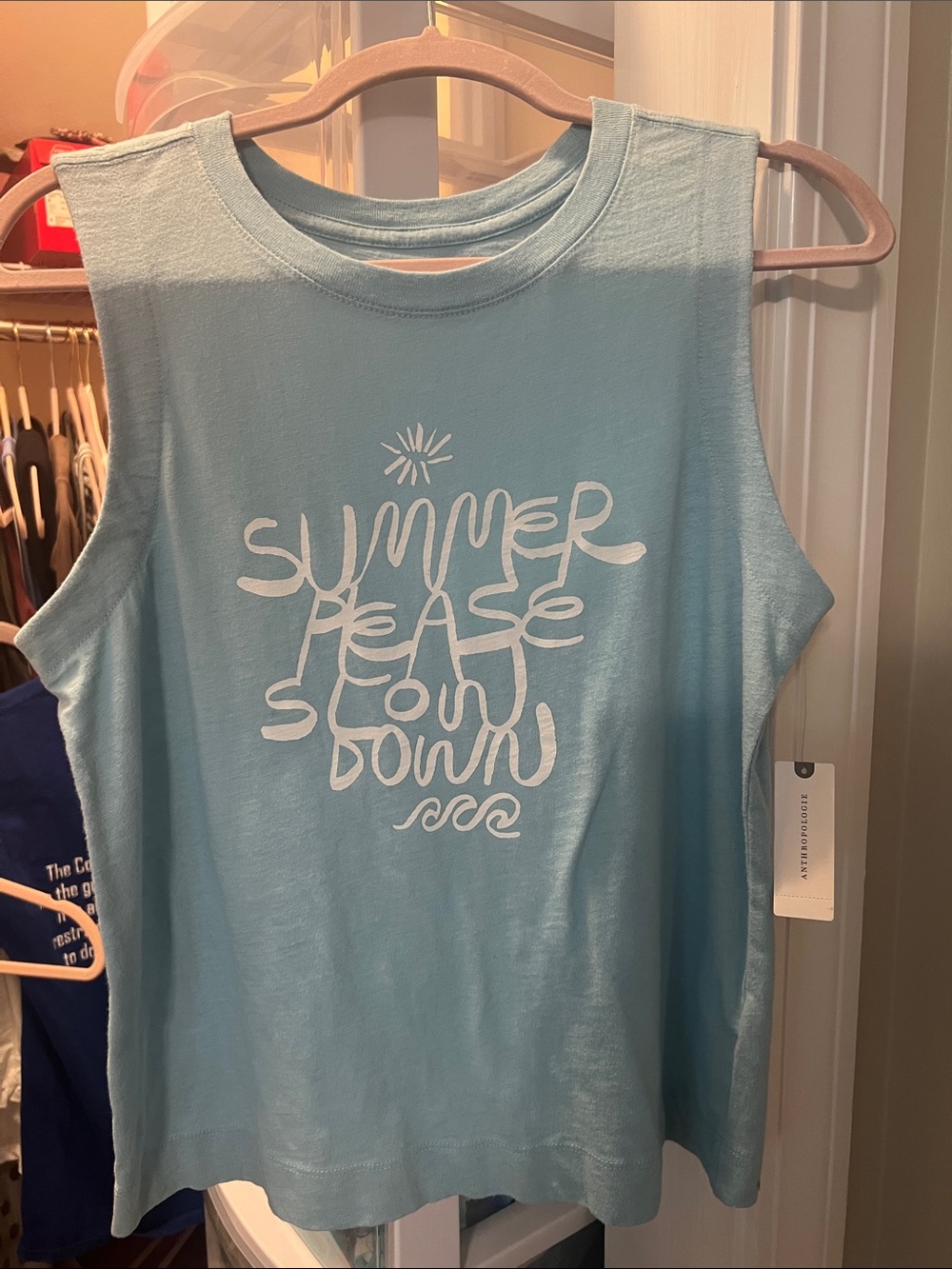 Anthropologie Light Blue Graphic Tank with White 'Summer Please Slow Down' Print